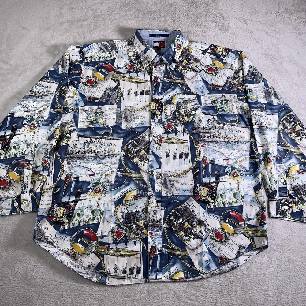 Vintage Tommy Hilfiger Shirt Mens Large Multicolor Oxford Nautical Print 90s